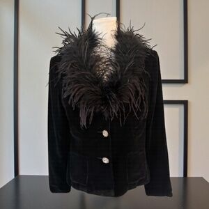 JACKIE JON Black Velvet Genuine Ostrich Feather Jacket Size 14